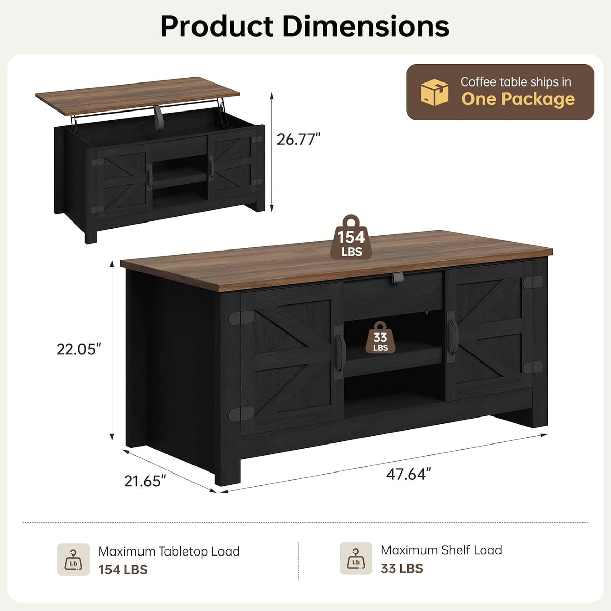 Farmhouse Living Room Table Sets of 2, 70 inch, Black | Includes 70 inch TV Stand, Lift Top Coffee Table with Charging Station, Modern Living Room Table Set