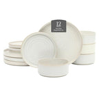 Gibson Elite Echo Bay 12 Piece Porcelain Reactive Glaze (Service for 4) Ceramic Plates and Bowls Modern Stackable Dinnerware Set - White