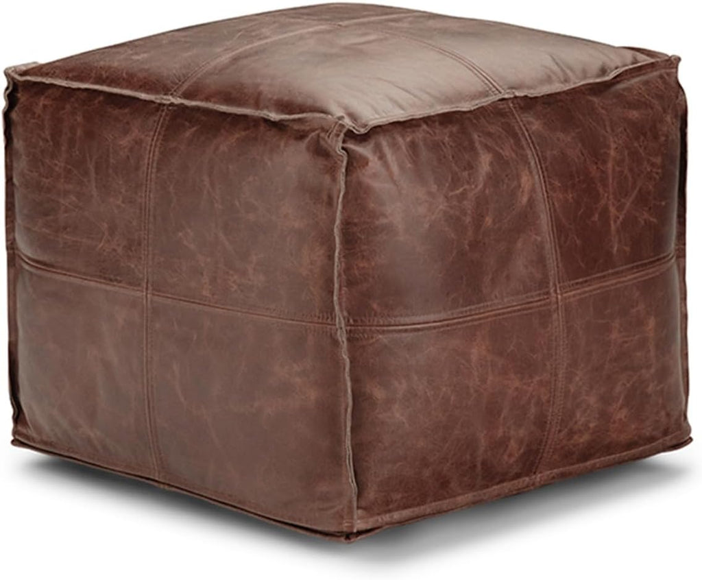 SIMPLIHOME Sheffield 18" Wide Square Genuine Leather Pouf in Brown | Distressed brown boho footrest, extra seating and accent piece for living room or bedroom, assembled; pouf ottoman.