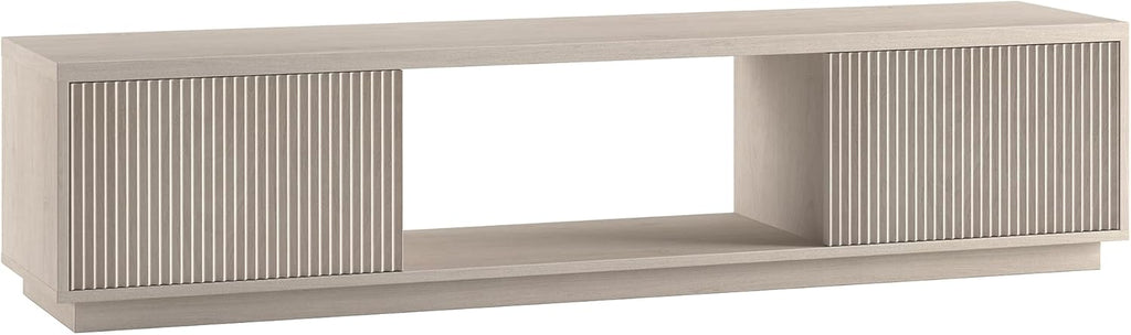 Henn&Hart 70" TV Stand for TVs up to 78", Beech White | Modern TV stand with ribbed cabinet doors and open center shelf for media or decor, perfect for living room or office