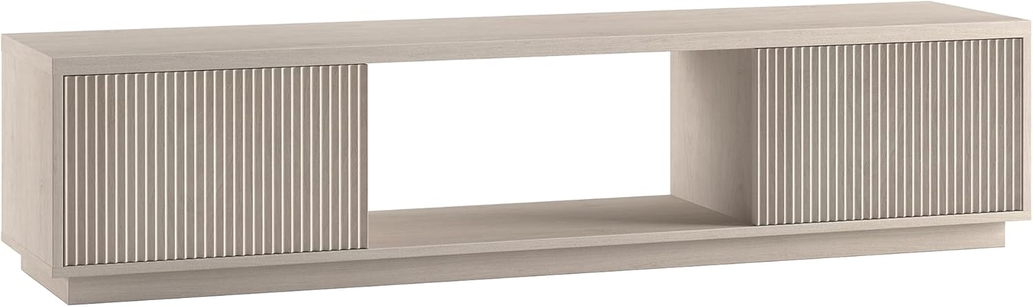Henn&Hart 70" TV Stand for TVs up to 78", Beech White | Modern TV stand with ribbed cabinet doors and open center shelf for media or decor, perfect for living room or office