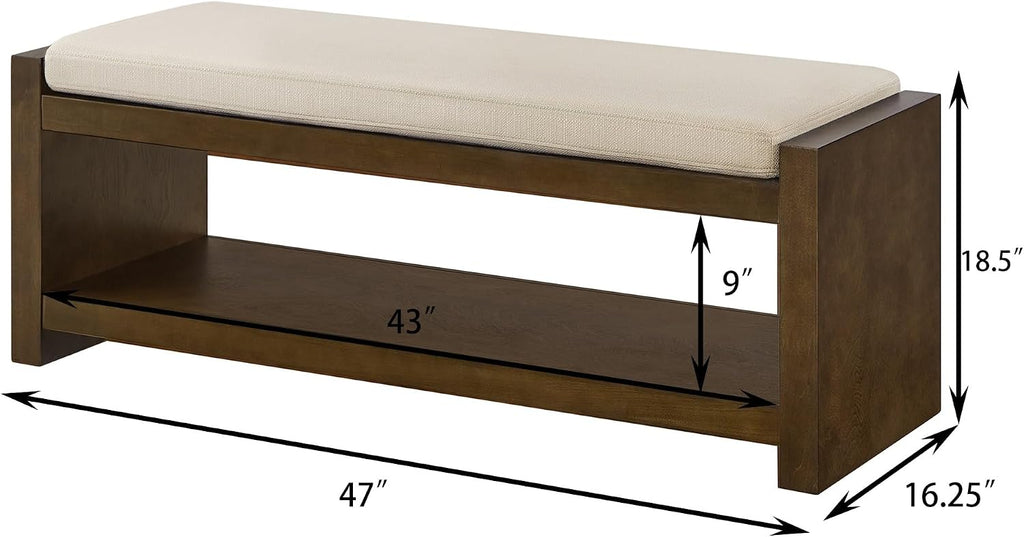 Modern Compact Bed End Bench, Accent Bench with Lower Shelf Shoe Rack, for Living Room Entryway