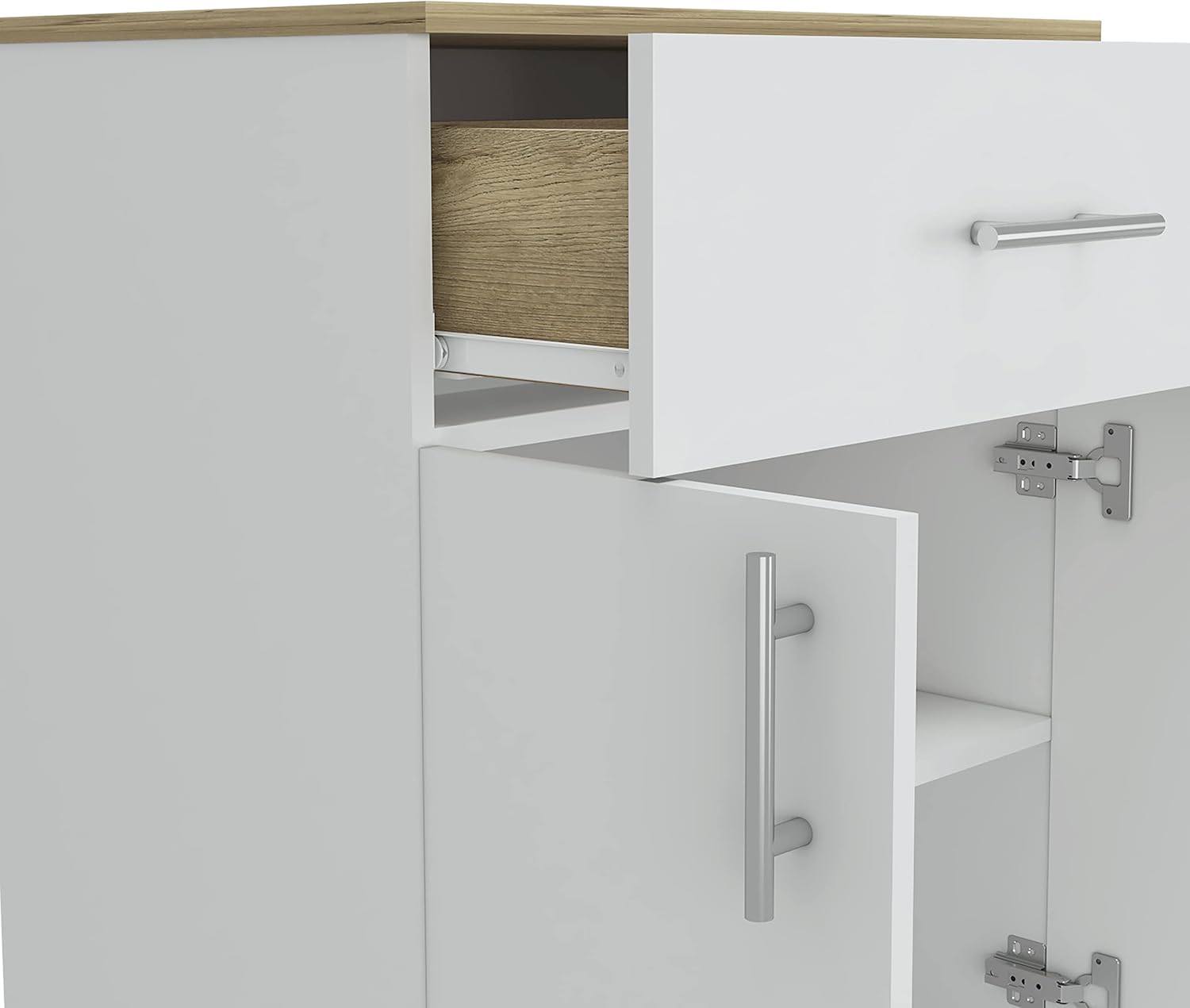 Pantry Organizer Cabinet 33" H,Buffet Kitchen Sideboard,One Drawer,Two Interior Shelves,Two Doors,White,Light Oak