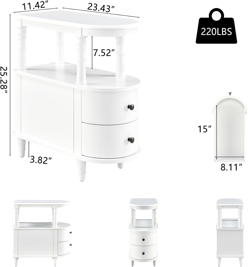 PADMA HOUSE Solid Wood End Table with 2 Drawers, Narrow Sofa Side Table Slim Chair Side Table with Storage Shelf, Vintage Slim Nightstand Bedside Table, White，BG-A508-WT