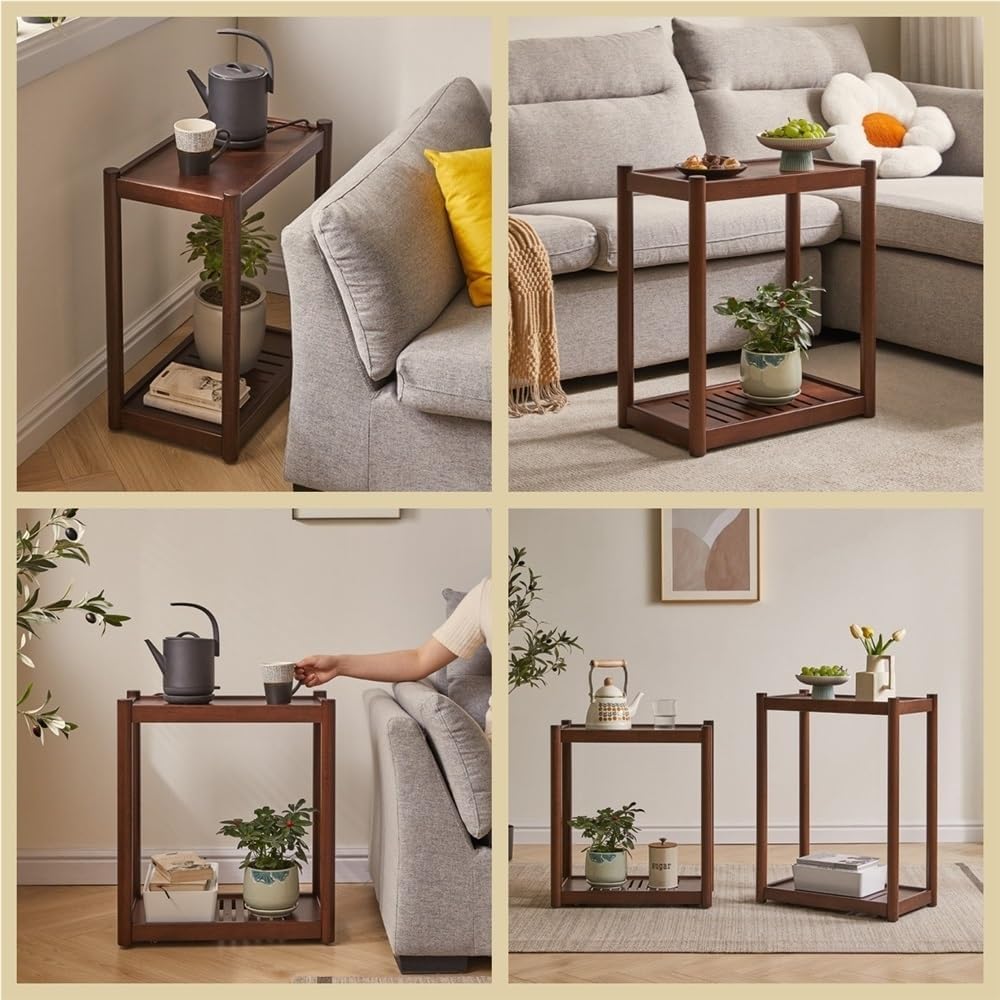 Rolling Wooden End Table with Wheels, Multifunctional 2 Tier Storage Nightstand for Bedroom and Living Room, Perfect for Small Spaces
