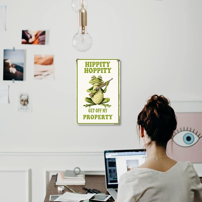 Funny Frog Room Sign - "Hippity Hoppity Get Off My Property" No Trespassing Warning Sign, Vintage Metal Tin Wall Décor, 8" x 12" for Bedroom, Door, Home