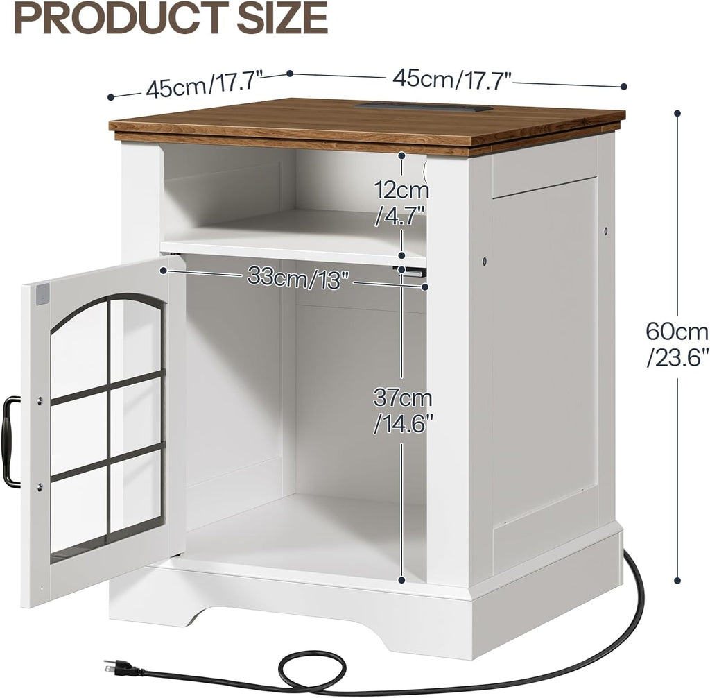 HOOBRO Farmhouse End Table for Living Room, 17.7" Wide Nightstand with Charging Station, Wooden Sofa Side Table with Tempered Glass Barn Door and Open Shelf, White and Walnut WH405UBZ01