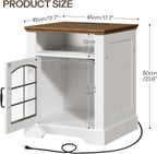 HOOBRO Farmhouse End Table for Living Room, 17.7" Wide Nightstand with Charging Station, Wooden Sofa Side Table with Tempered Glass Barn Door and Open Shelf, White and Walnut WH405UBZ01