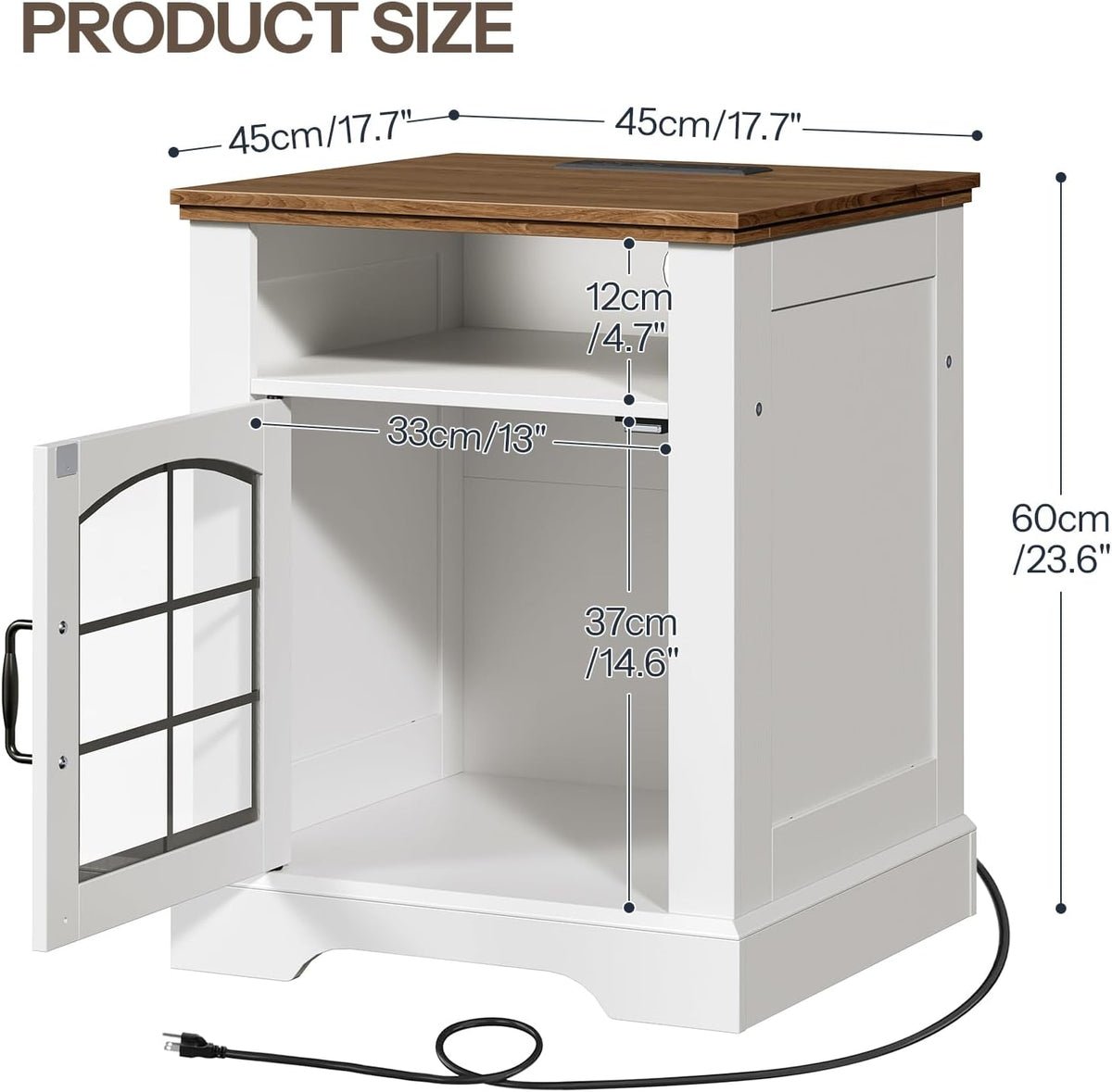 HOOBRO Farmhouse End Table for Living Room, 17.7" Wide Nightstand with Charging Station, Wooden Sofa Side Table with Tempered Glass Barn Door and Open Shelf, White and Walnut WH405UBZ01