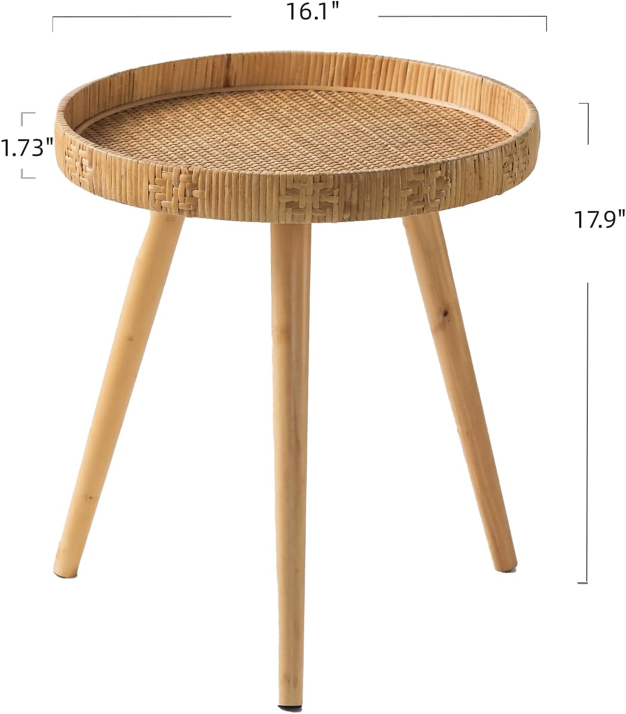 Round Side Table, Boho Circle End Table Coffee Table with Solid Wood Leg, Rattan Side Tables Living Room for Small Spaces, Bedroom, Corners