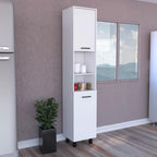 Kitchen Pantry 79" H, Two Open Storage Shelves, Three Internal Shelves, Two Doors, Four Legs, White