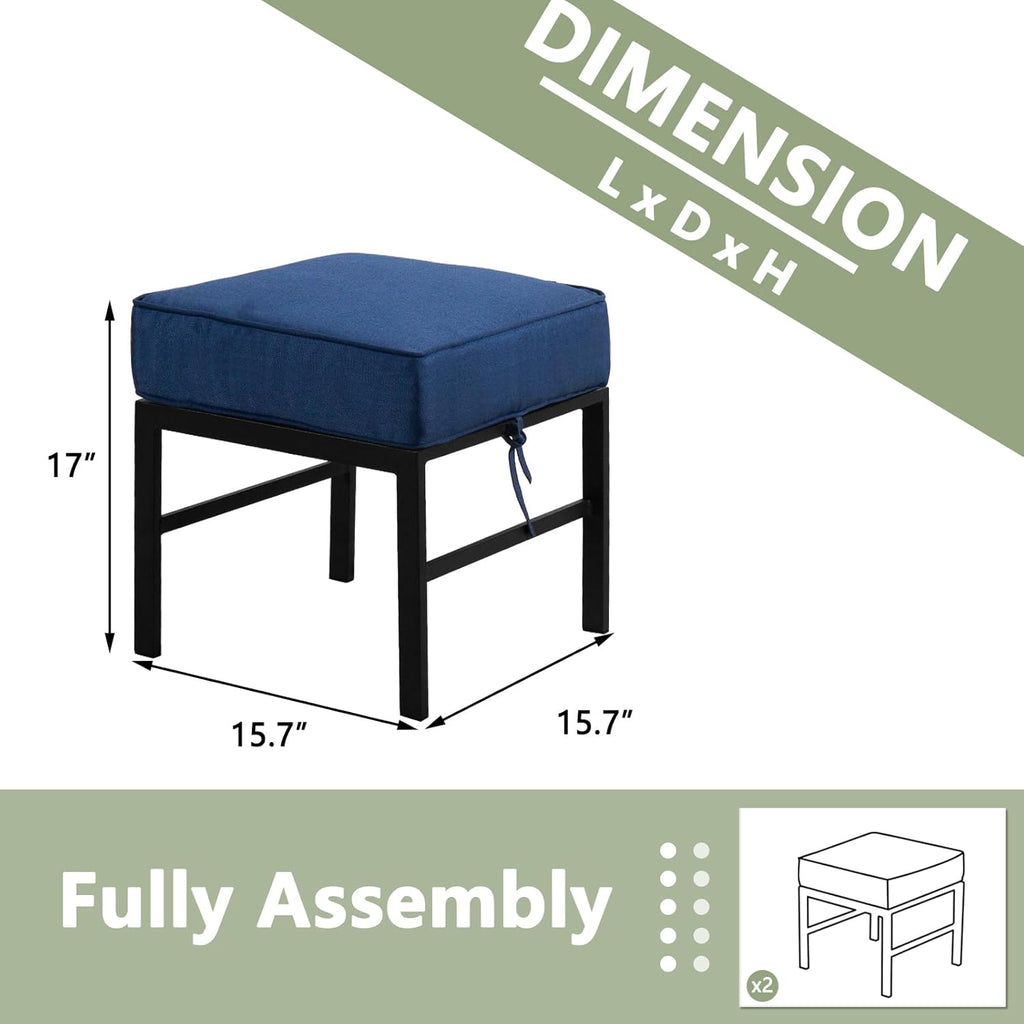 2 Pieces Outdoor Patio Ottomans, Assembled Metal Outdoor Ottoman with Blue Cushions, Metal Small Outdoor Foot Stools for Patio Porch Yard Garden Deck, Black Frame