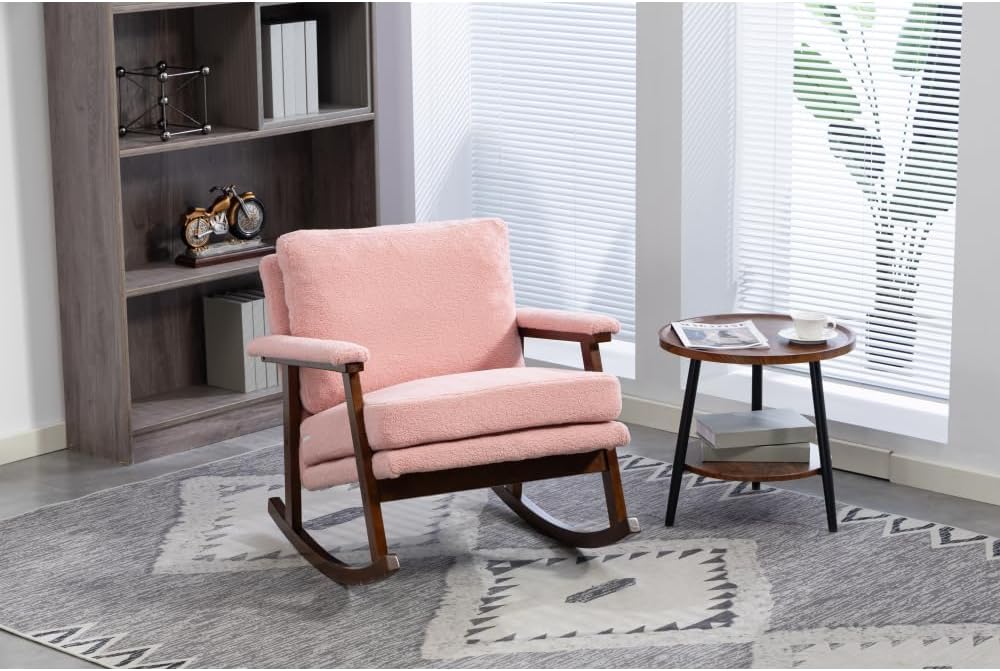 Mid Century Modern Accent Chair,Rocking Chair with Wood Frame, Upholstered Living Room Chairs, Reading Armchair for Bedroom Sunroom (Light Pink + Velvet + Cotton)