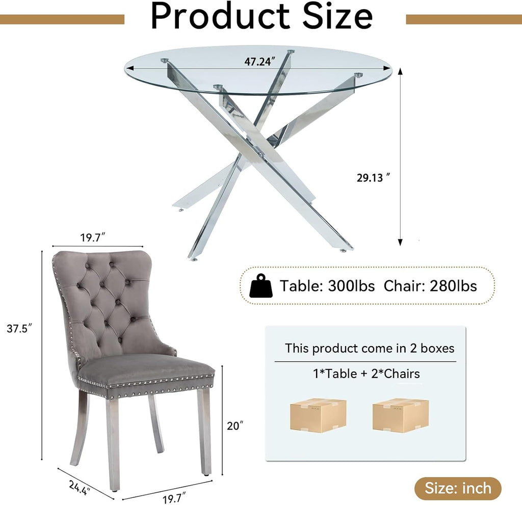 HomVent Silver Round Glass Dining Table Set for 2 with 2 Grey Velvet Chair | 47''Glass Kitchen Table Set Round Table Set of 2, Dining Room Table Set with Glass Top for Dining Room Home Family Gathering