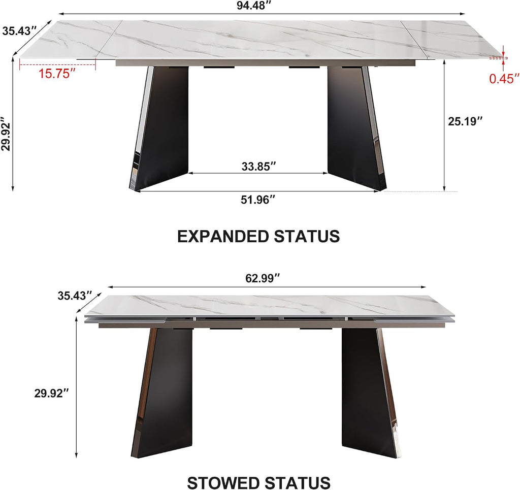 Expandable Dining Table 62.99 to 94.48 Inch Sintered Stone Marble Table Black Carbon Steel Base Diagonal Leg Design for Home Kitchen (Snowflake White)