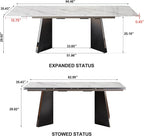 Expandable Dining Table 62.99 to 94.48 Inch Sintered Stone Marble Table Black Carbon Steel Base Diagonal Leg Design for Home Kitchen (Snowflake White)