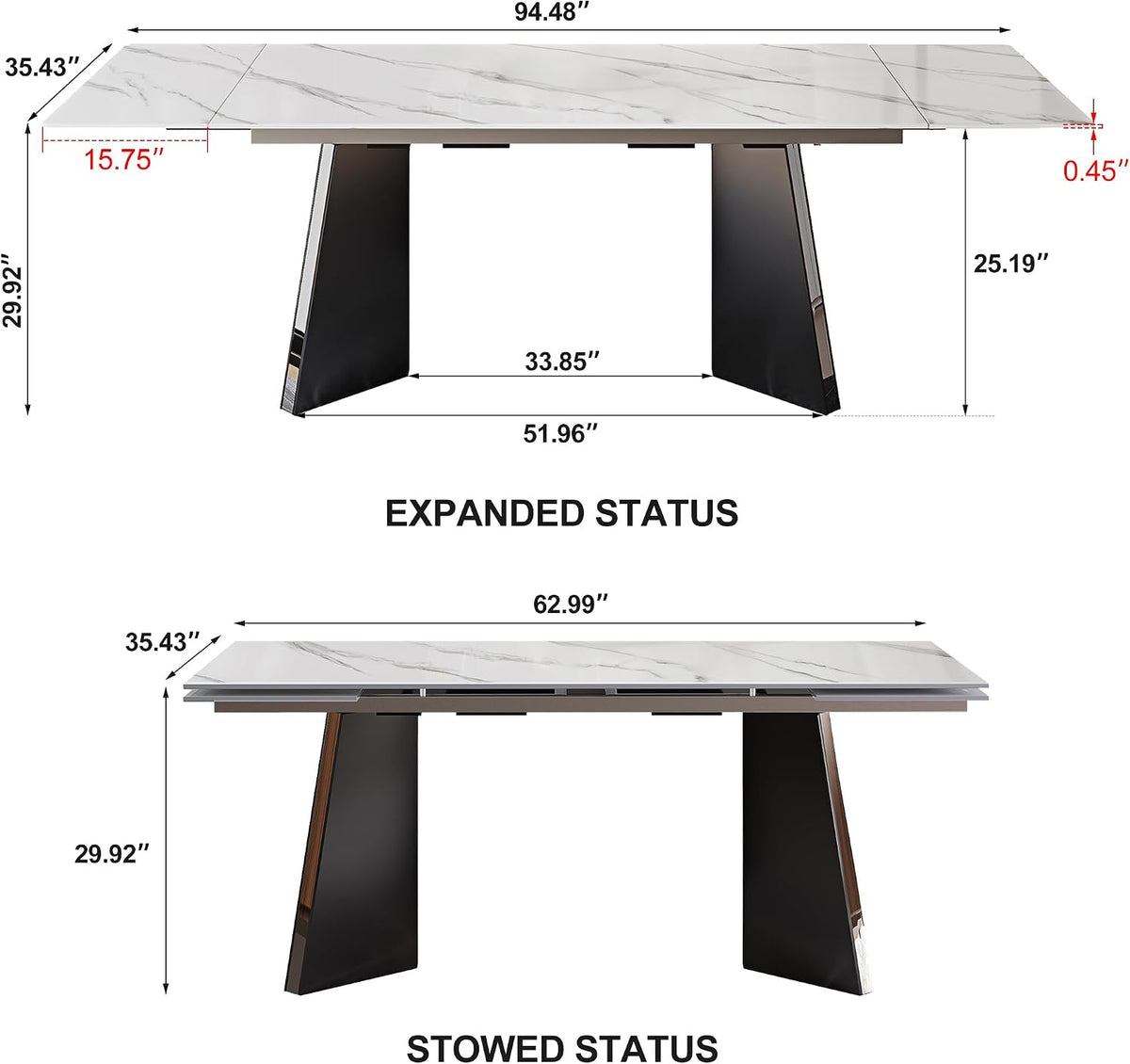 Expandable Dining Table 62.99 to 94.48 Inch Sintered Stone Marble Table Black Carbon Steel Base Diagonal Leg Design for Home Kitchen (Snowflake White)
