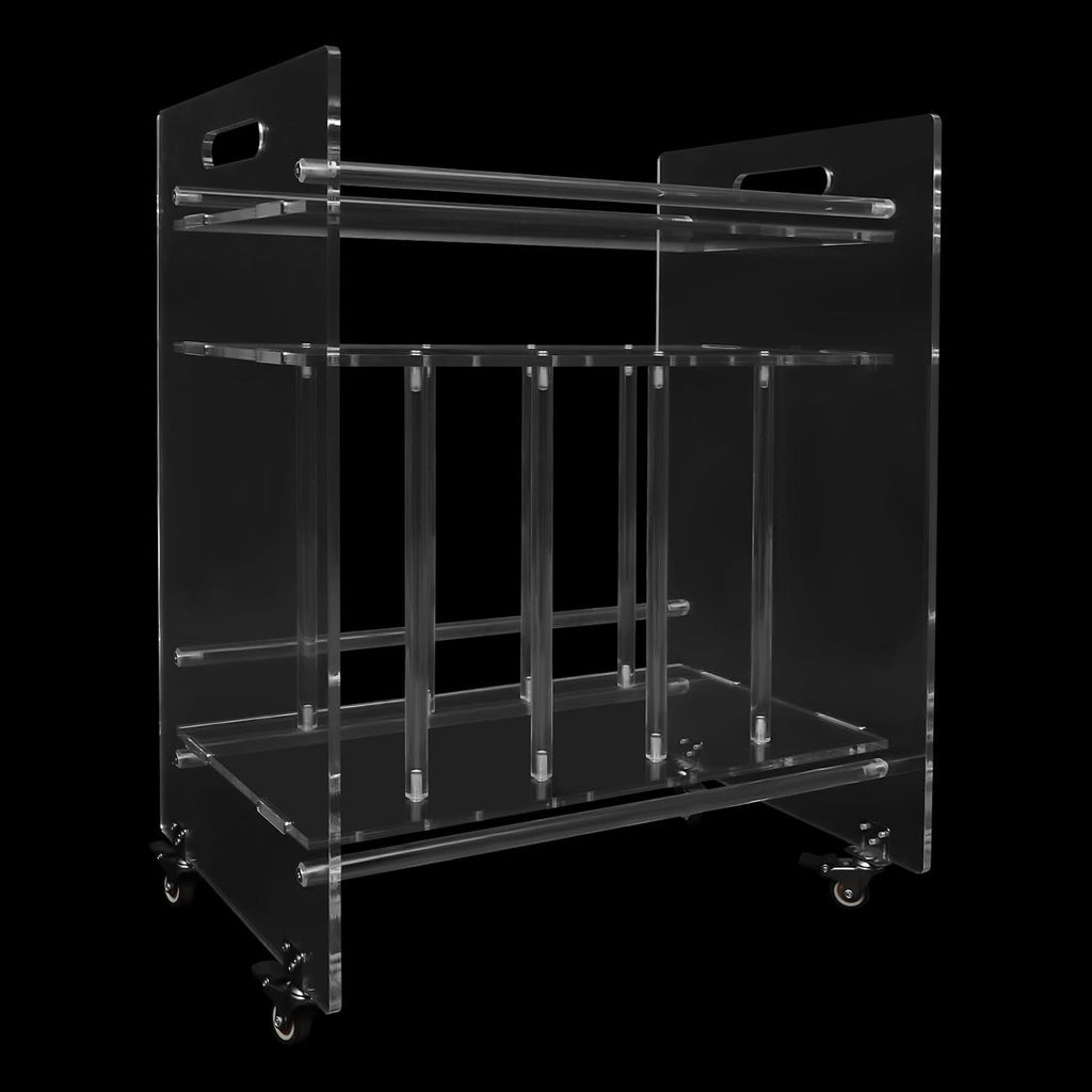 Acrylic Record Player Stand, 3 Tier Clear Record Player Stand with Wheels, Record Storage Side Table for Living Room, Bedroom, Office