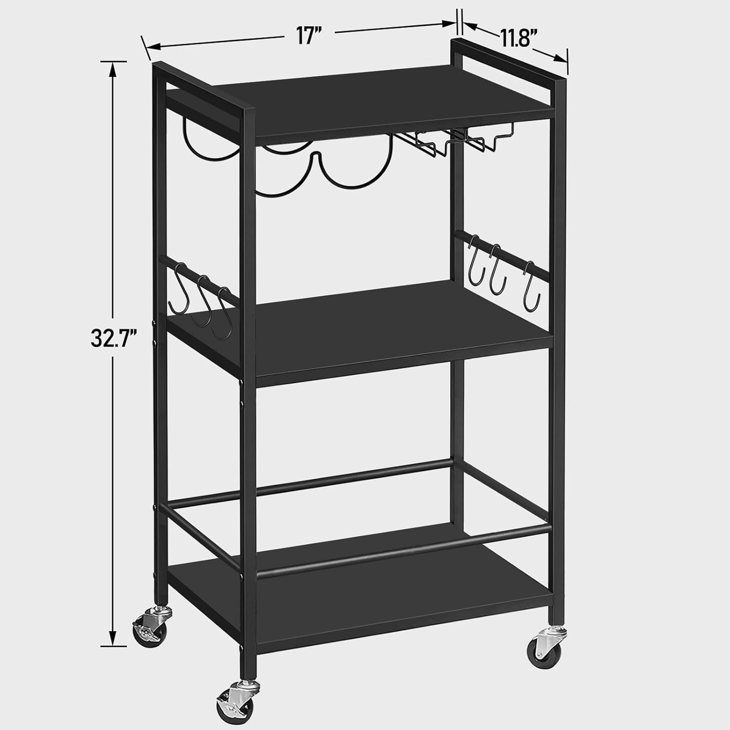 TUTOTAK Bar Cart with Wheels, Mini Drink Cart with Wine Rack & Glass Holder | 3-Tier 17 Inch Wide Home Bar Serving Carts, Small Mobile Kitchen Shelf with 6 Hooks, Black V1BC01BK035