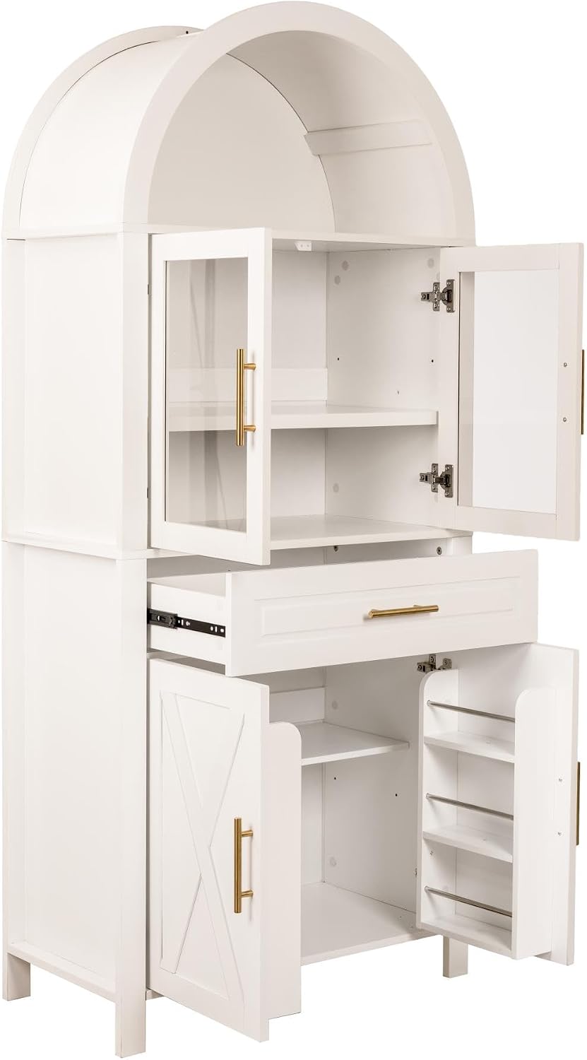 71" Tall Arched Kitchen Pantry Cabinet, Farmhouse Pantry Cabinet with Glass Door & 6 Internal Storage Racks, Adjustable Shelves Storage Cabinets for Kitchen, Living Room, Dining Room, Bathroom