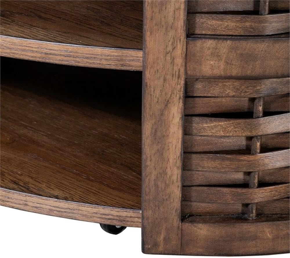 Pemberly Row 3 Piece Living Room Table Set, Rubberwood and Oak Veneer, Coffee Brown Finish, Includes Oval Cocktail Table with Casters and 2 Round End Tables, Basketweave Design, Shelves, Contemporary