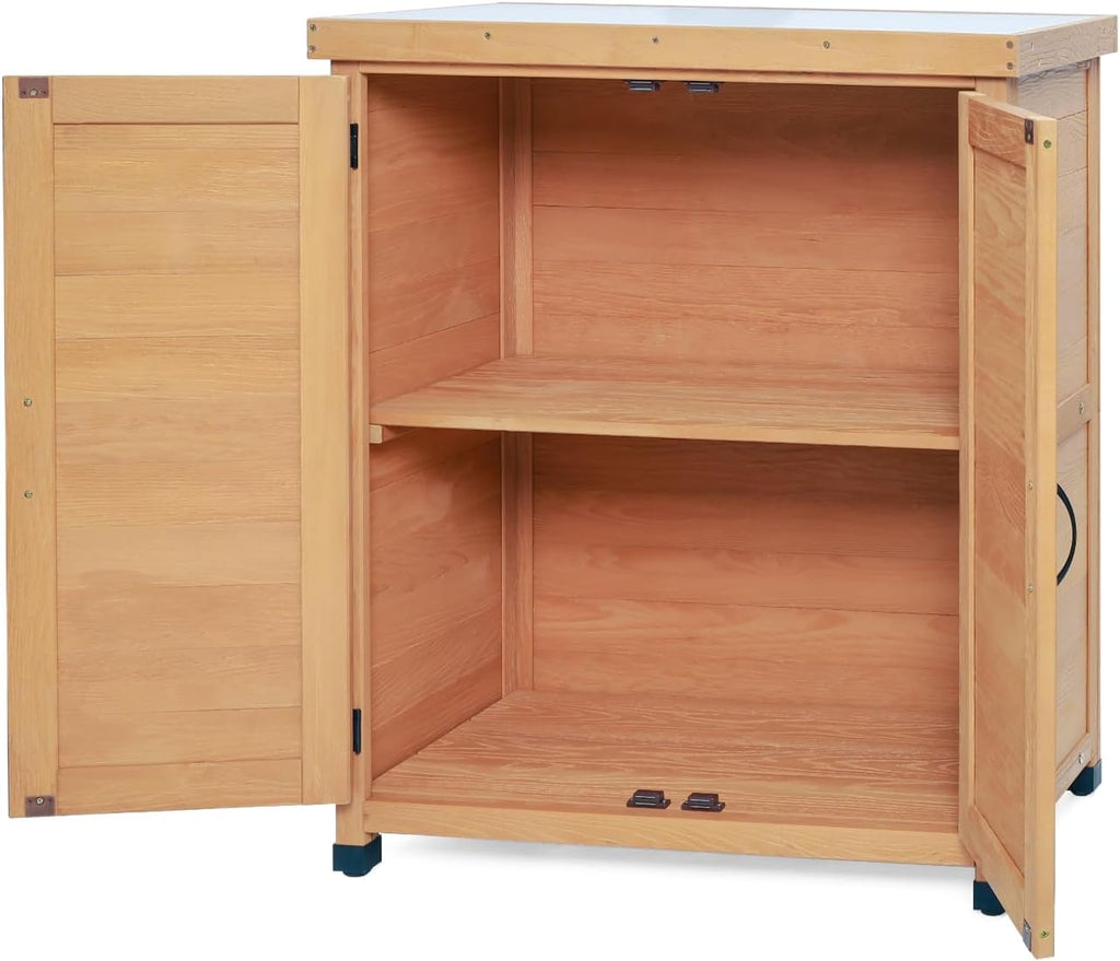 31" Weatherproof Small Storage Cabinet, Storage Cabinets with Sturdy X-Shape Design, Tool Cabinet with Magnetic Door for Patio and Garage, Light Brown
