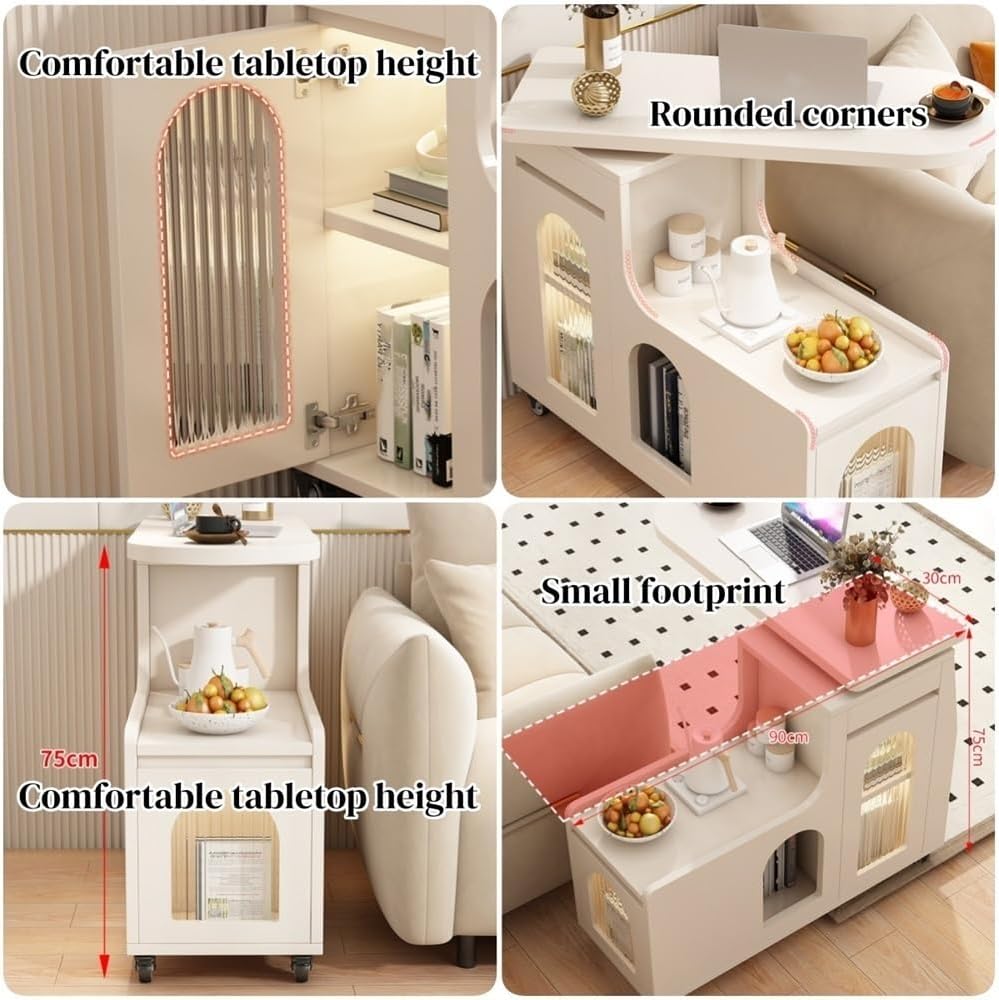 Swivel Trays Side Table with Storage, Mobile End Table on Lockable Wheels, Space-Saving Nightstand Coffee Table for Living Room, Bedroom(White,35.4x15.7x29.5in)