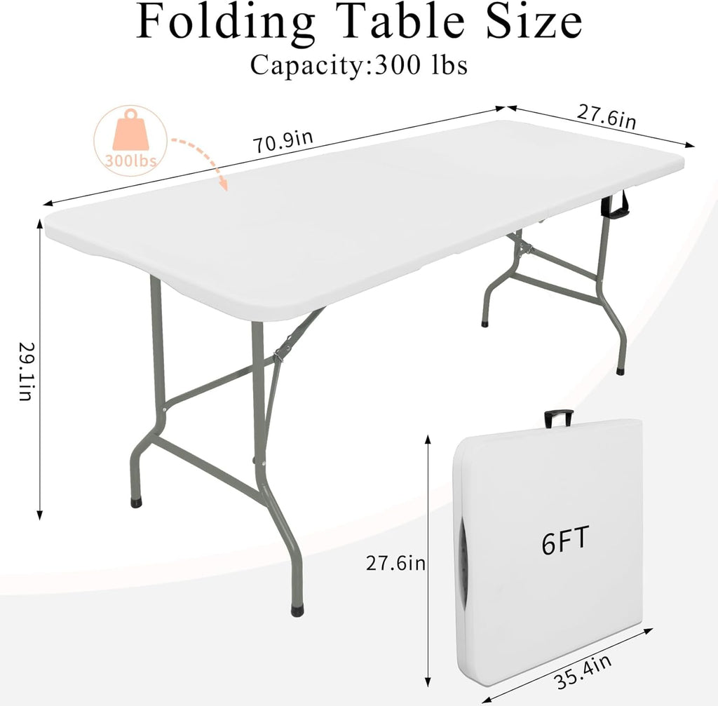 Set of 2 Folding Tables with Carrying Handle Lightweight 6FT Rectangular Portable Plastic Camping Table Steel Legs for Indoor Party, Dining, Outdoor Wedding, Events, Picnic (White)