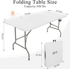 Set of 2 Folding Tables with Carrying Handle Lightweight 6FT Rectangular Portable Plastic Camping Table Steel Legs for Indoor Party, Dining, Outdoor Wedding, Events, Picnic (White)