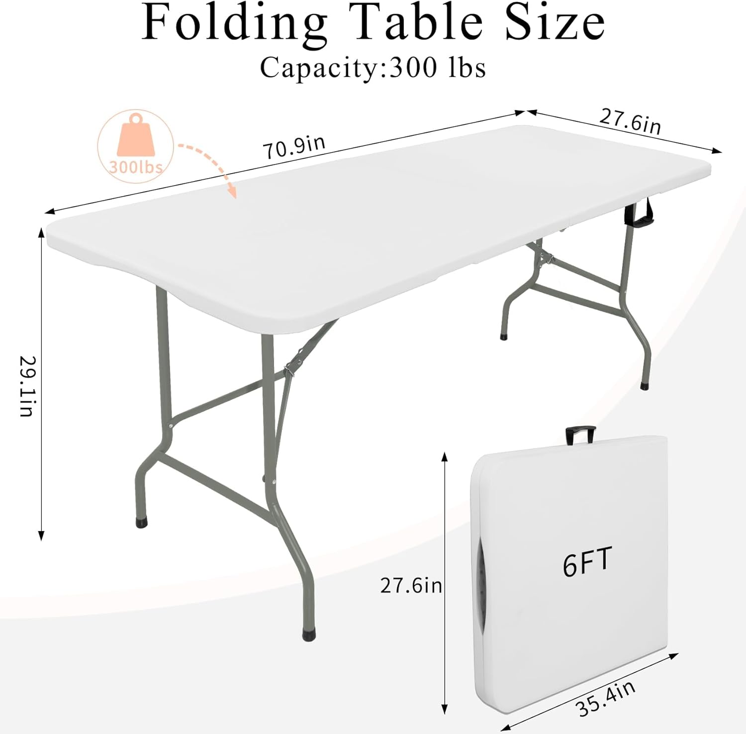 Set of 2 Folding Tables with Carrying Handle Lightweight 6FT Rectangular Portable Plastic Camping Table Steel Legs for Indoor Party, Dining, Outdoor Wedding, Events, Picnic (White)