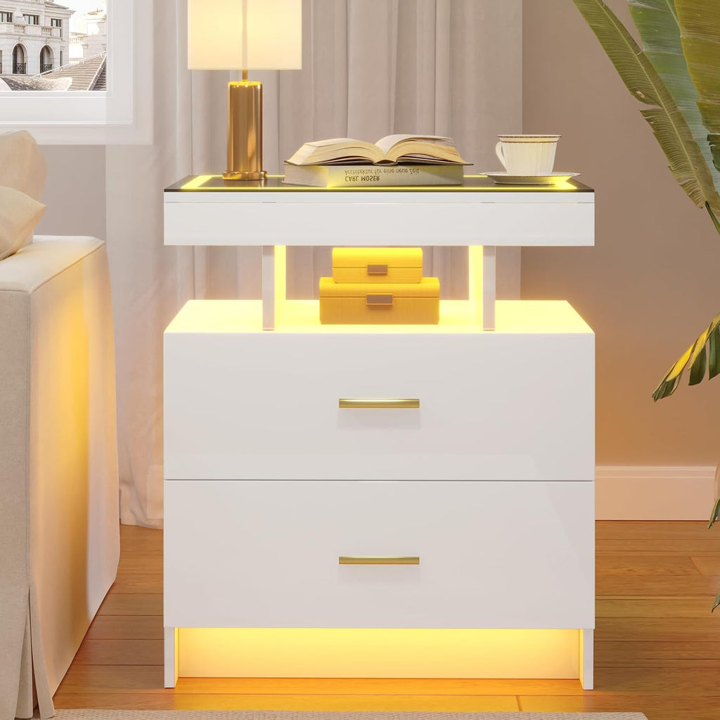 LED Nightstand Set 2 with Charging Station,Motion Senor,White | Night Stand with 2 Drawers,Glass Top Smart BedSide Table,Modern End Table Side for Bedroom,Living Room,Office