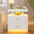 LED Nightstand Set 2 with Charging Station,Motion Senor,White | Night Stand with 2 Drawers,Glass Top Smart BedSide Table,Modern End Table Side for Bedroom,Living Room,Office