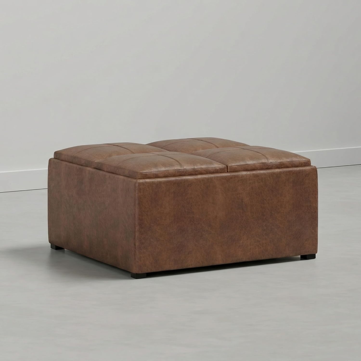 SIMPLIHOME Avalon Coffee Table Storage Ottoman - 35 inch Wide Upholstered Vegan Leather Square Storage Ottoman in Distressed Pecan Brown, Contemporary Ottoman for Living Room with Serving Trays