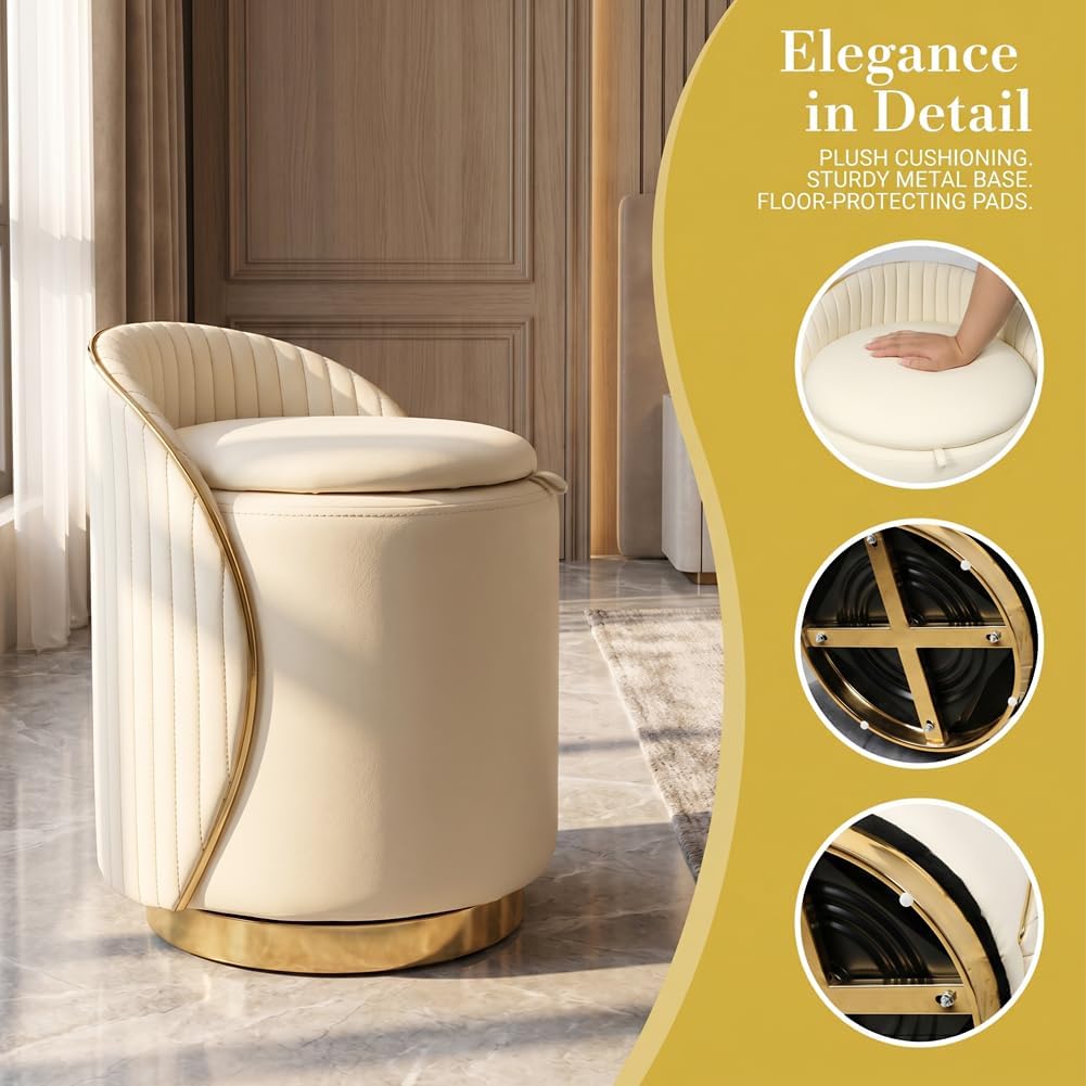 Luxury Vanity Stool with Storage, 360° Swivel Vanity Chair with Back, 400lbs Round Ottoman Leather Makeup Vanity Stool, Dressing Table Seat for Bedroom Bathroom Dressing Room (Beige- B)