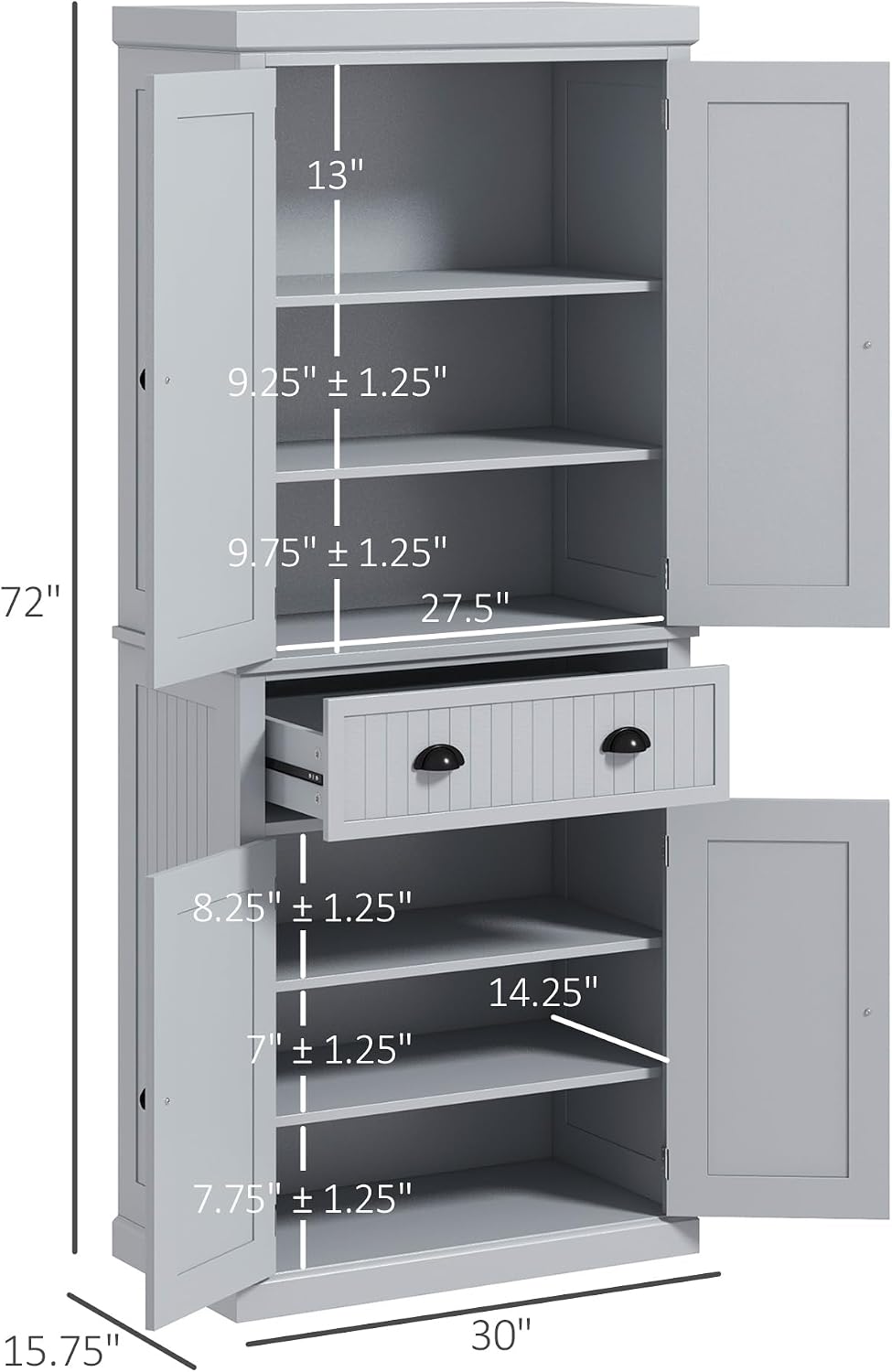 HOMCOM 72" Kitchen Pantry Cabinet Freestanding Tall Storage Cabinet Gray | Traditional Kitchen Pantry, 4 Doors, Drawer, 3 Adjustable Shelves, for Dining Room