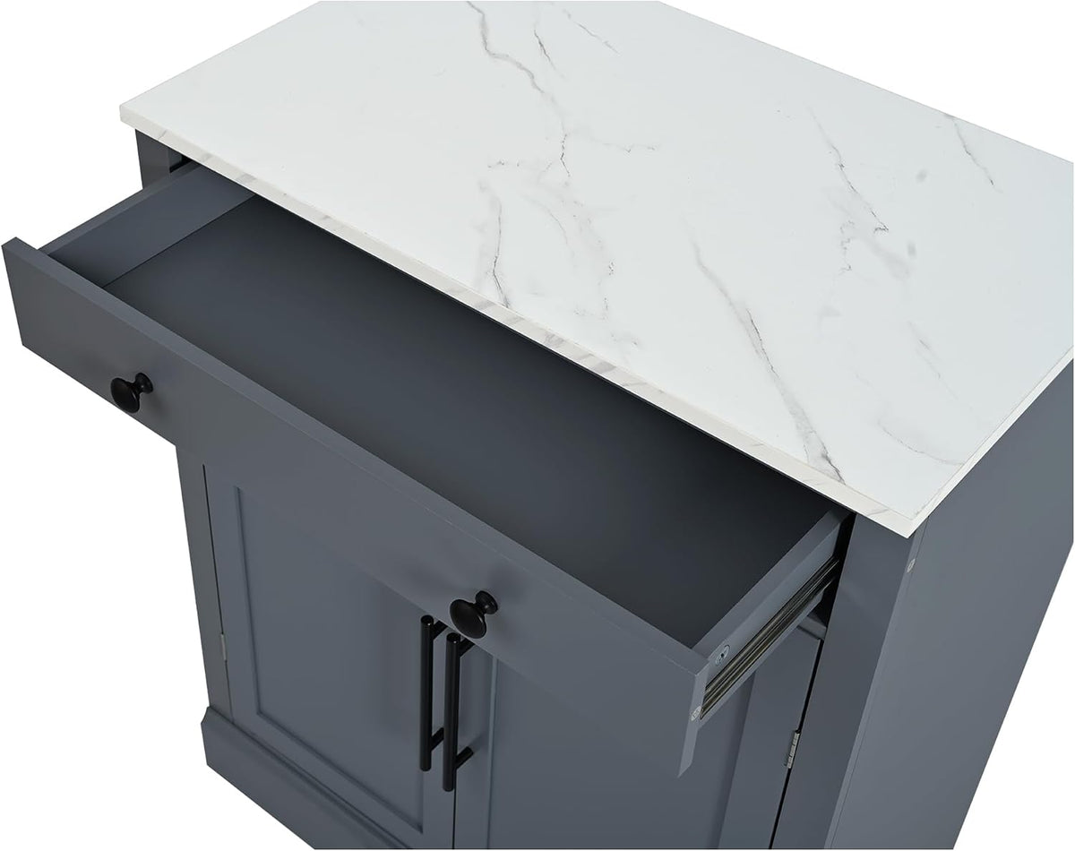 Modern Freestanding Kitchen Pantry & Buffet Food Storage Cabinet with Drawer, 2 Adjustable Shelves, 2 Door Shelves, Faux Marble Countertop - Ideal for Dining, Kitchen, and Coffee Bar (Gray)