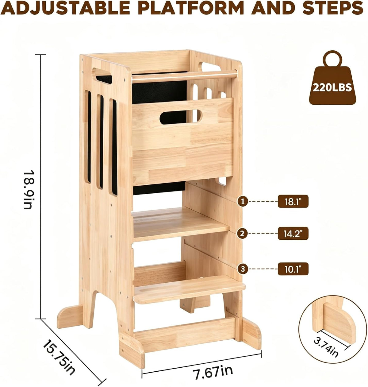 Rubber Wood Montessori Table and Chair,Toddler Tower Set, Wooden Kids Activity Toddler Table and Chair with Adjustable Height, Ideal for Eating, Reading, Drawing, Step Stool (Rubber Wood)