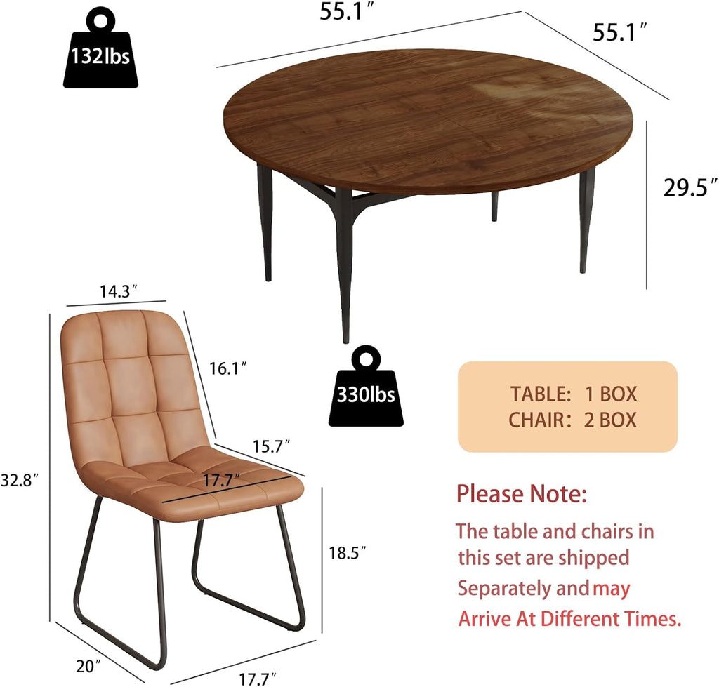HIPIHOM Expandable Folding Dining Table Set, 55-Inch Round to Square Table with 6 Upholstered Chairs, Metal Frame, for Dining Room or Apartment (Round Table + 6 Brown Chairs)
