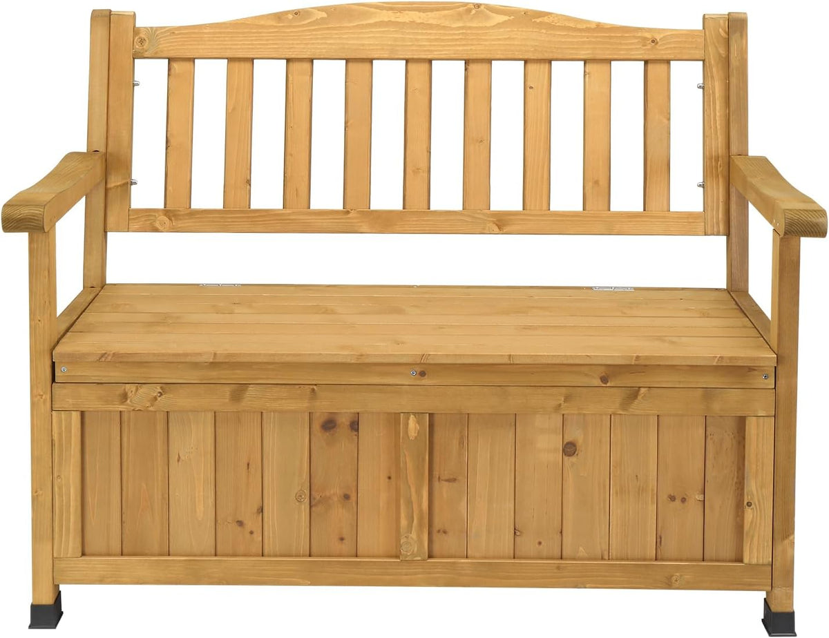 Outdoor Wood Storage Bench Deck Box, Entryway Porch Storage Bench, Wood Loveseat for Garden, Lawn, Balcony & Yard