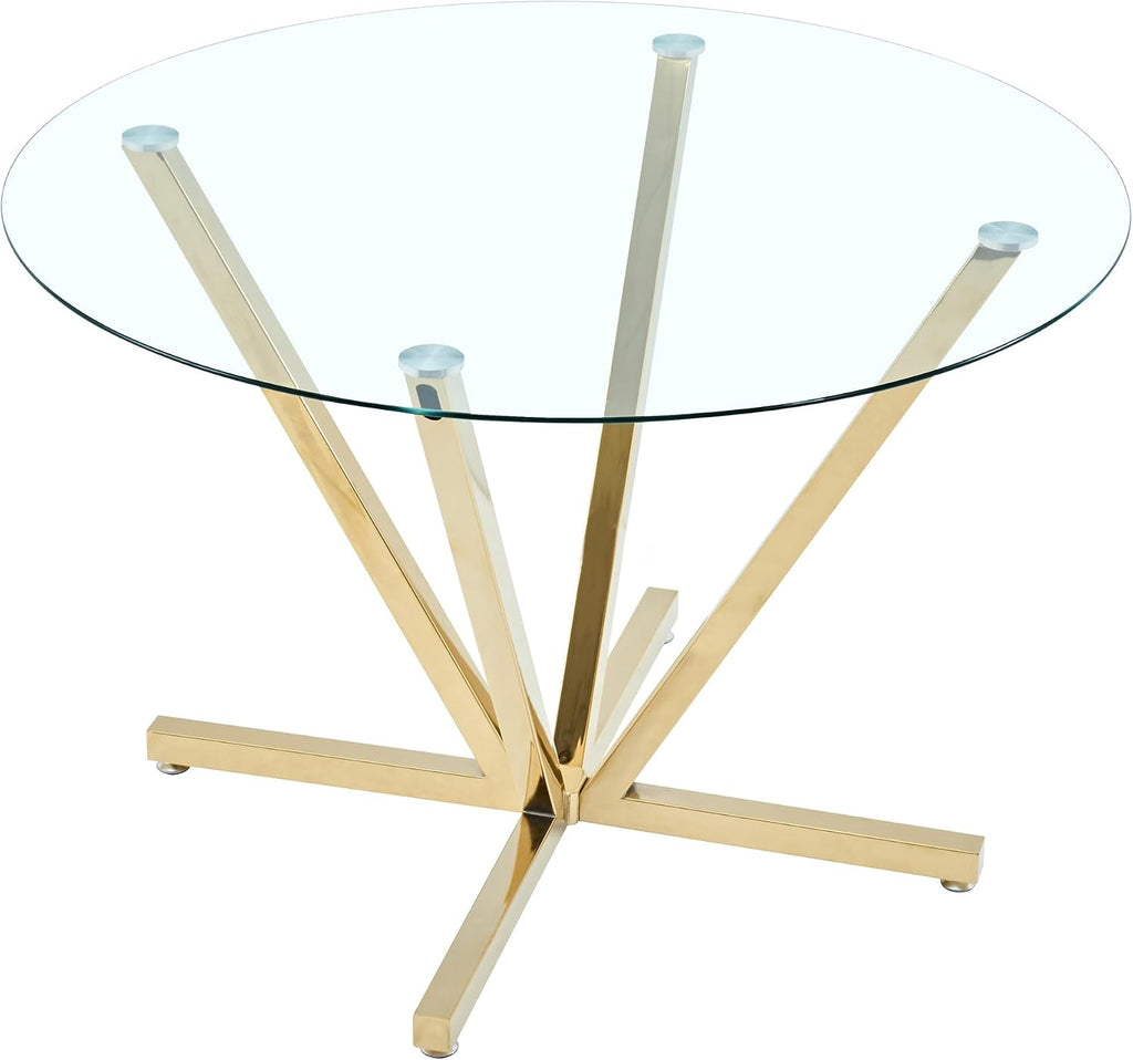 HomVent Round Dining Table, 45.2" Glass Dining Room Table for 4-6, Glass Kitchen Table with Gold Metal Legs for Apartment Home Kitchen Living Room
