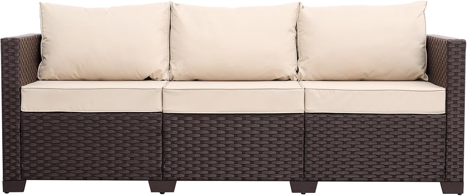 Oasishine Patio Furniture 3-seat Sofa Wicker Outdoor Furniture Outdoor Couch Deep Seat Hight Backrest Non-Slip Cushions, Khaki