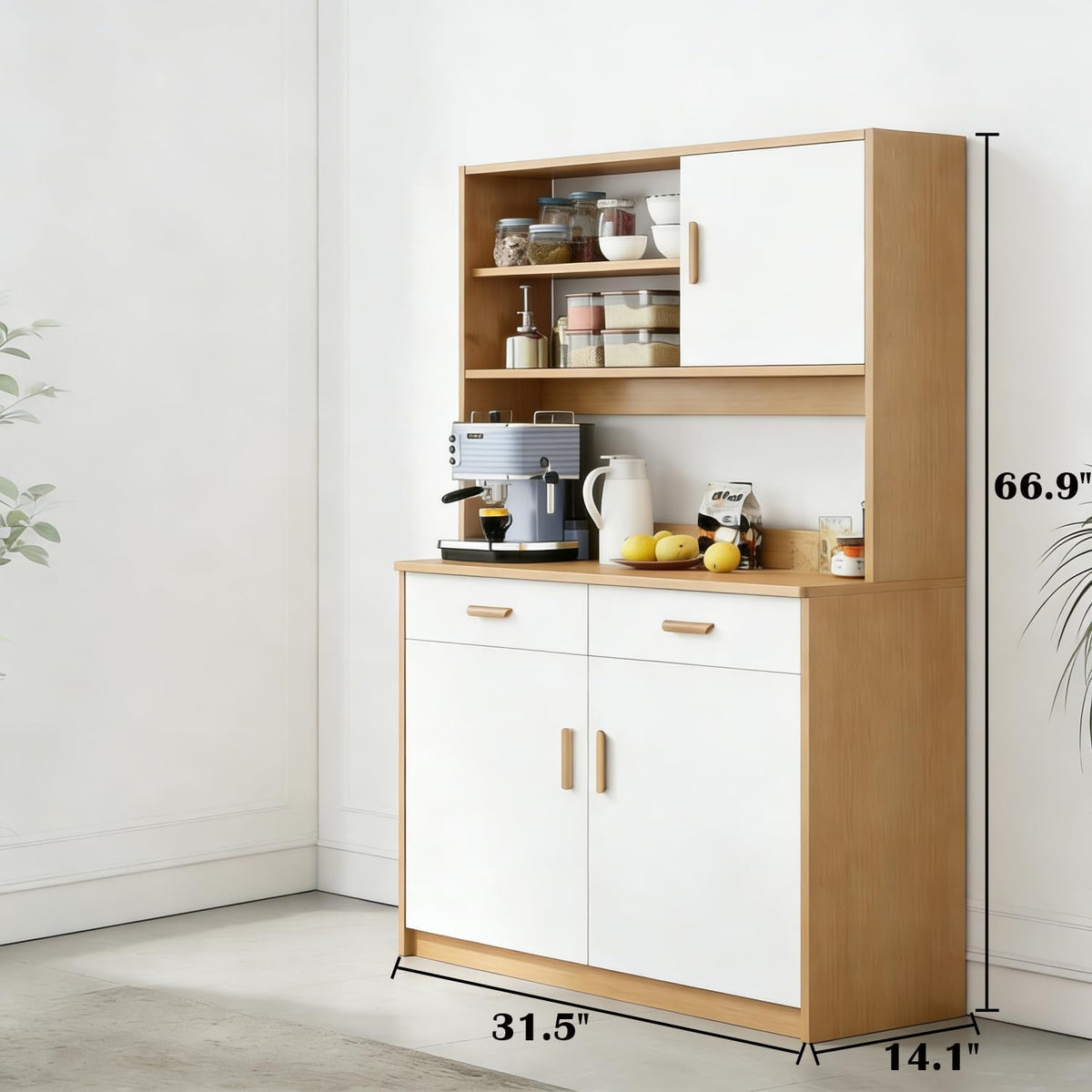 Kavie Kitchen Pantry Cabinet, Large-Capacity Sideboard with Open Shelf, Doors & Drawers, Wide Countertop for Appliances, Freestanding Cabinet for Kitchen (Natural+White,31.5" L*14.1" W*66.9" H)
