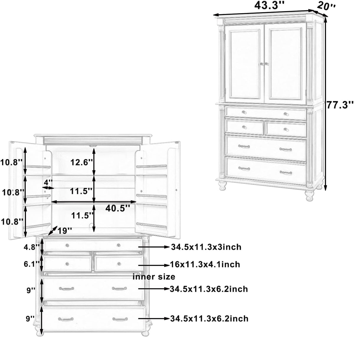 Freestanding Large Kitchen Pantry,Tall Storage Cabinet Cupboard with 6 Door Shelves, 2 Adjustable Shelves and 5 Drawers,for Dining Room (White-W)