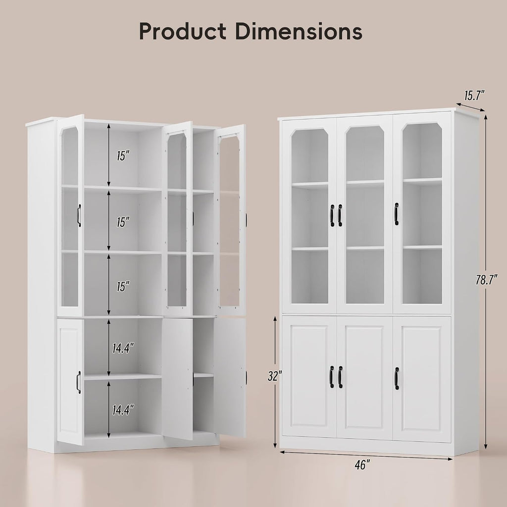 MU 78.7" Tall Kitchen Pantry with 3 Glass Doors, Freestanding China Cabinet with Adjustable Shelves, Large Kitchen Pantry Storage Cabinet Cupboard for Dining Room, Living Room, White (X-Large, 46" W)