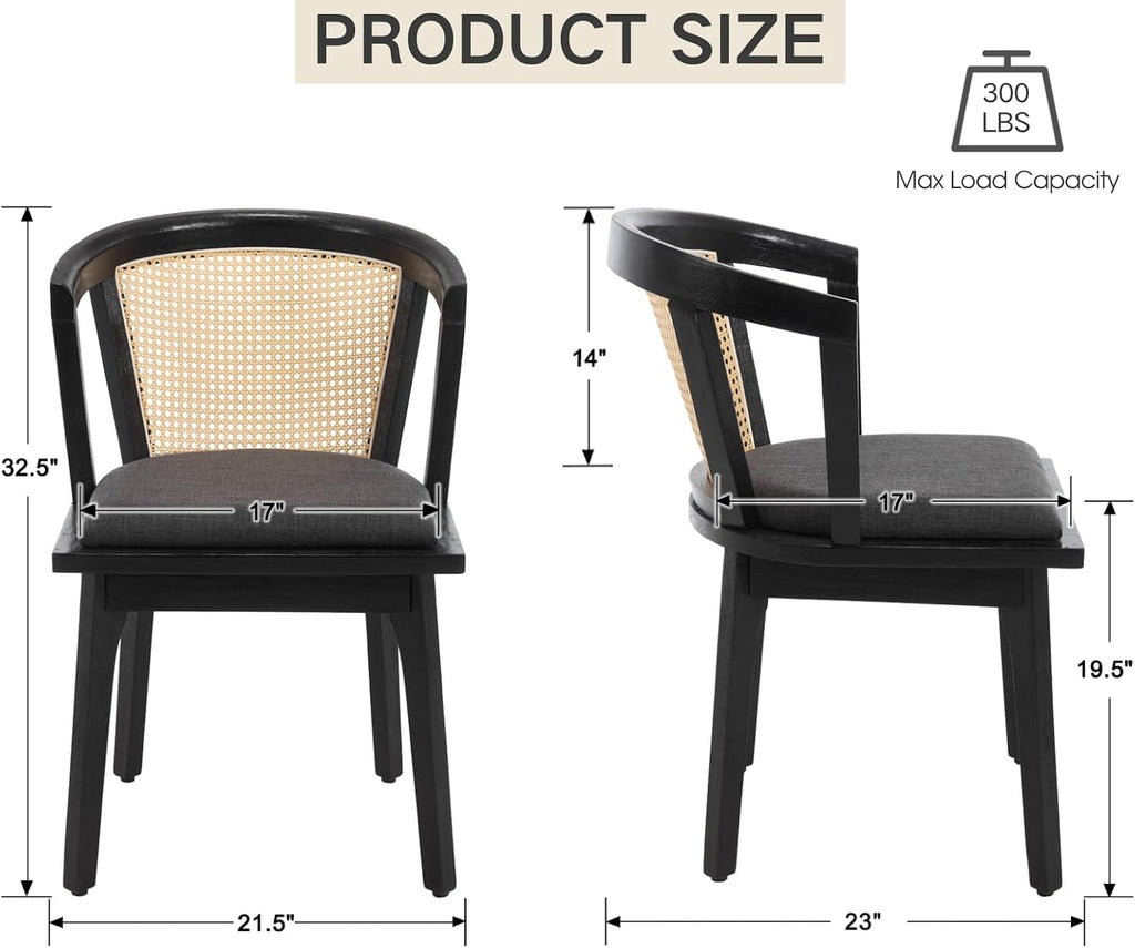 CIMOTA Set of 4 Black Rattan Wood Dining Chairs Mid-Century Modern Upholstered Dining Room Chairs Barrel Cane Back Accent Side Chair for Kitchen/Cafe/Bistro, Linen Charcoal