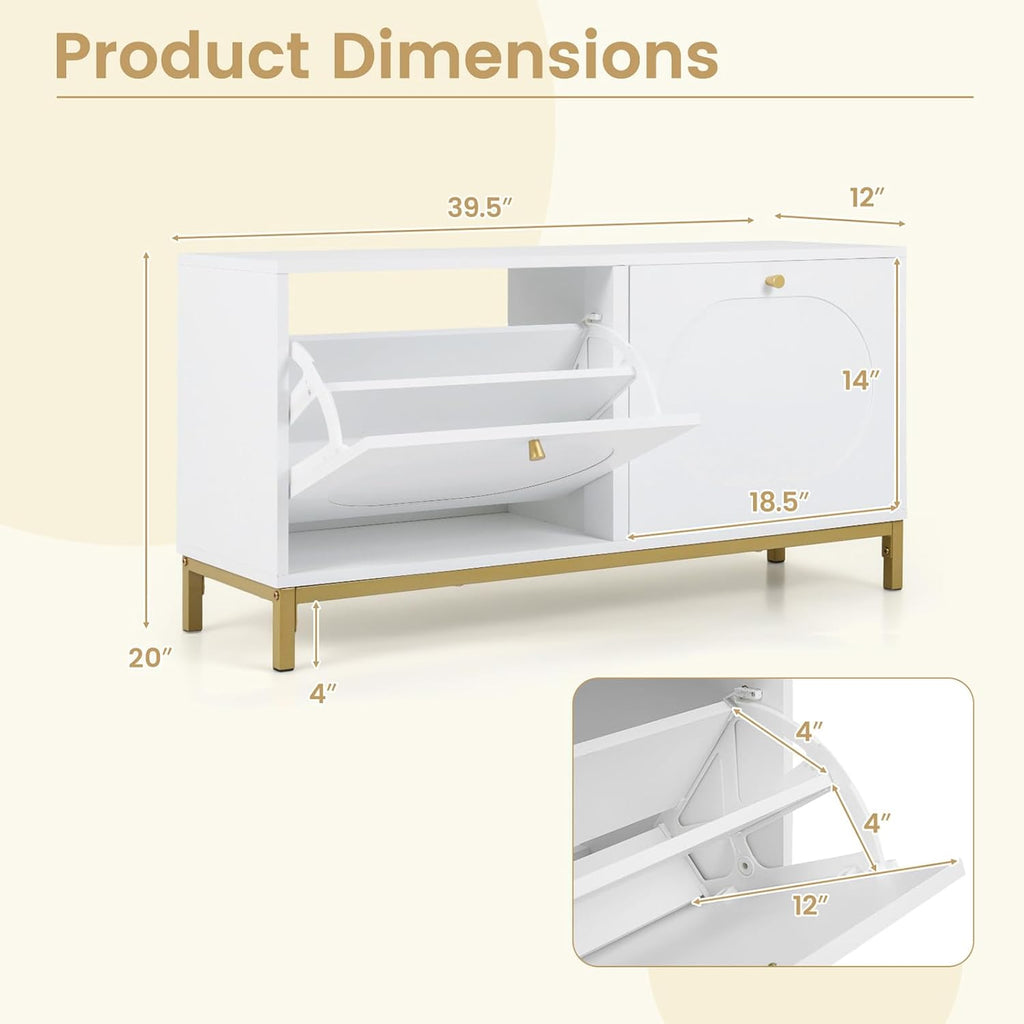 Giantex Shoe Storage Bench with 2 Flip Drawers, 39.5" W Entryway Bench with Storage, Adjustable Shelves, Modern Shoe Cabinet for Entry Way, Hallway, Foyer, Living Room, White & Gold