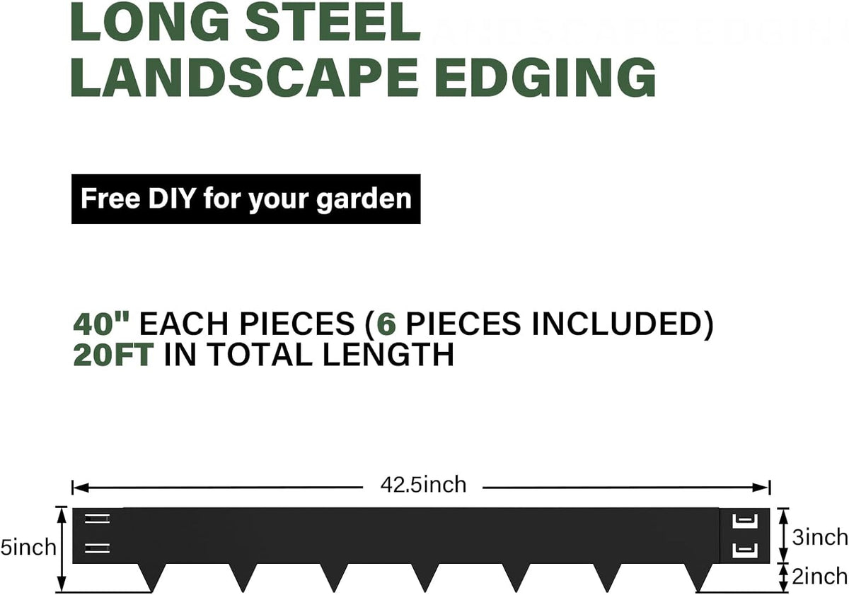 Galvanized Steel Landscape Lawn Edging 40 Inch Strips, Steel Edging 5 Inch Depth,6-Pack Black Bendable Metal Landscape Edging,Metal Edging for Landscaping (20FT Total Length)