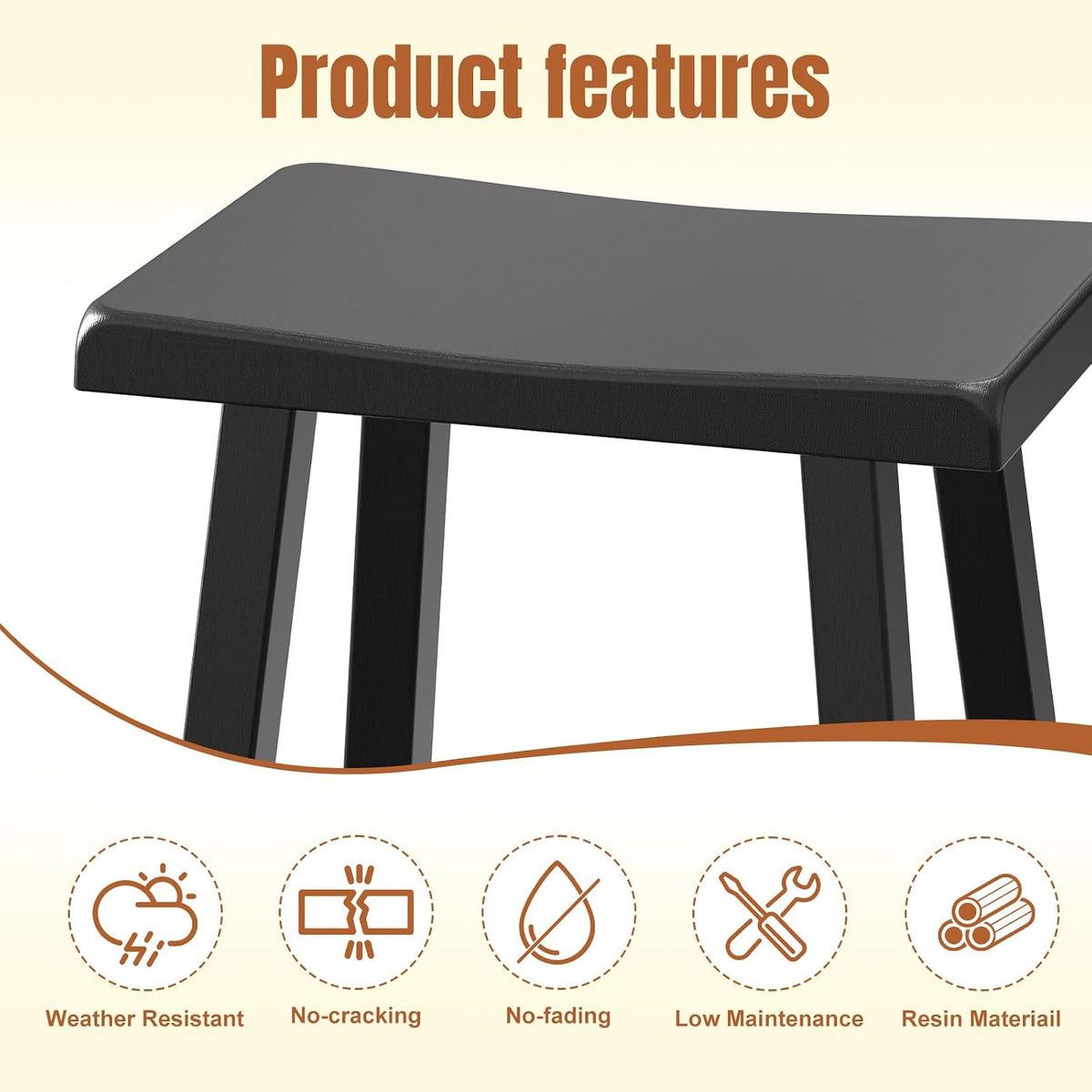 EFU Outdoor Bar Stools Set of 2,All-Weather Patio Stools & Bar Chairs, Heavy Duty Resin Saddle Stool with Protective Foot Pads,Waterproof 29 Inch Stool with Footrest for Deck,Balcony and Yard (Black)