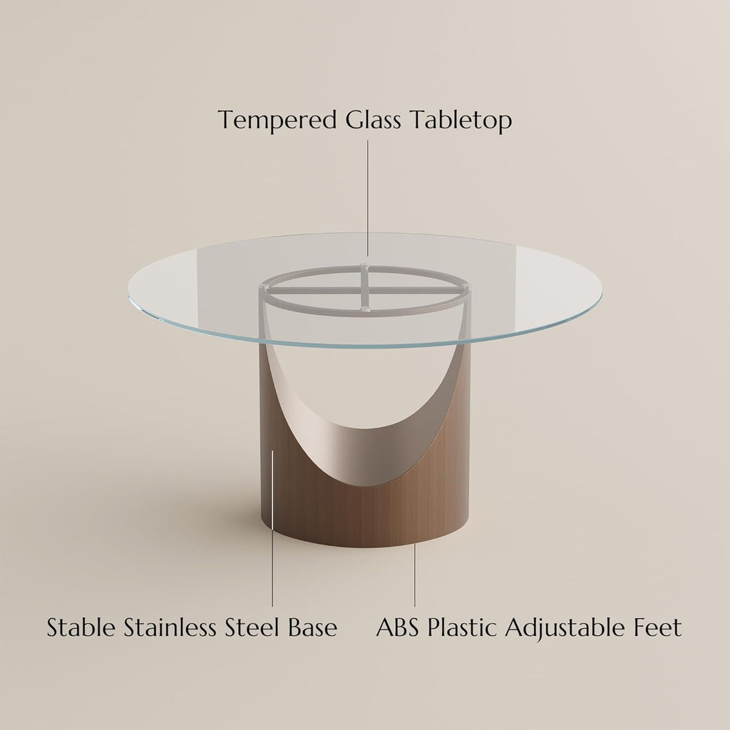 POVISON Round Dining Table for 4-6, 47" Glass Tabletop Dining Table with Bronze Carbon Steel Pedestal, Modern Dining Room Table for Kitchen, Living Room (Table Only)