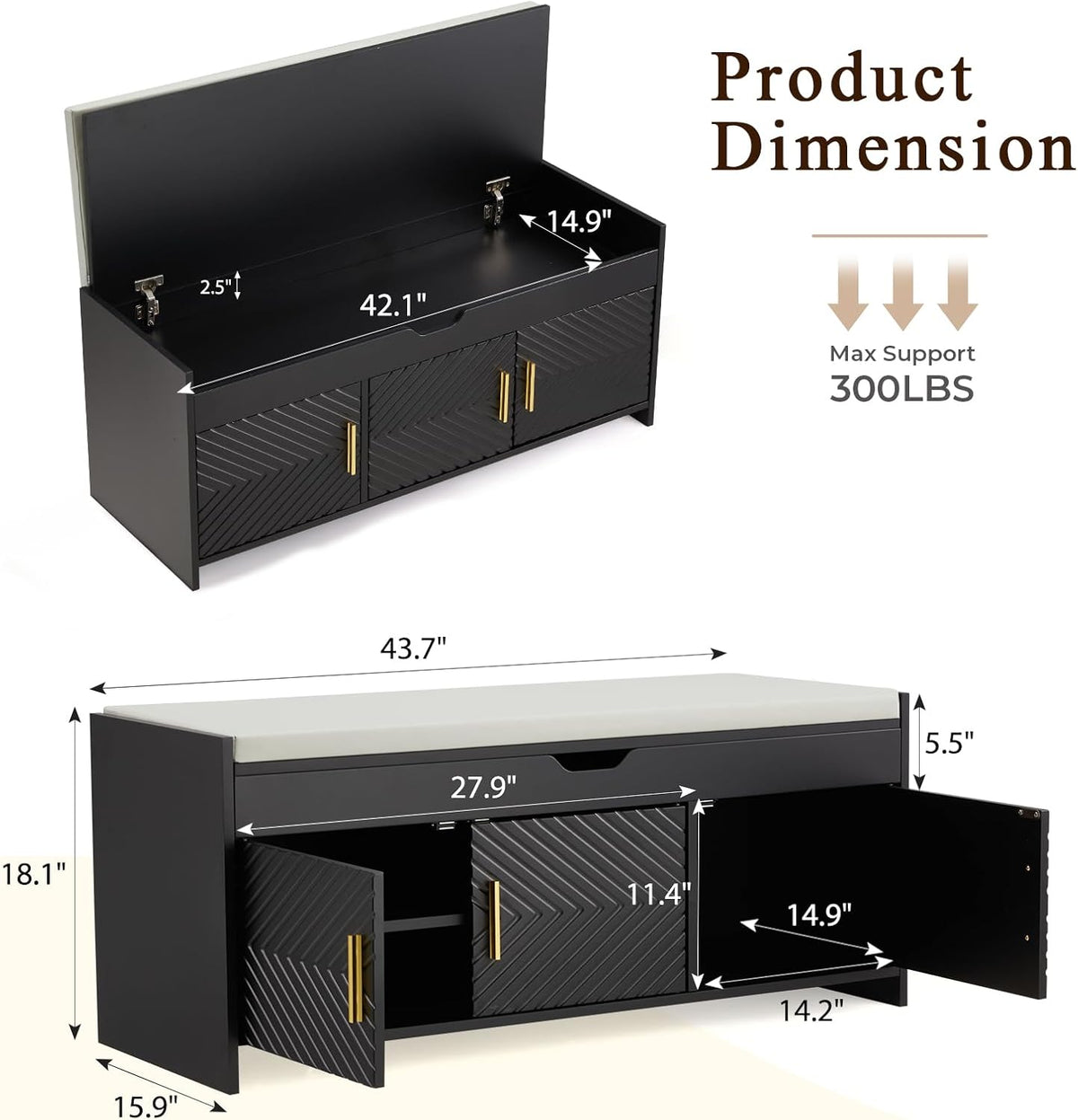 ECOTOUGE Shoe Bench, Storage Bench with Lift Top Storage, Entryway Bench with Cushioned Seat, Adjustable Shelf for Living Room, Bedroom, Hallway, Black